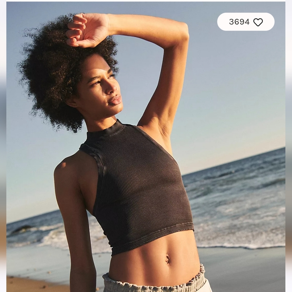 Free People Happiness Runs High Neck Ribbed Crop Tank Top Racerback Black XS / S